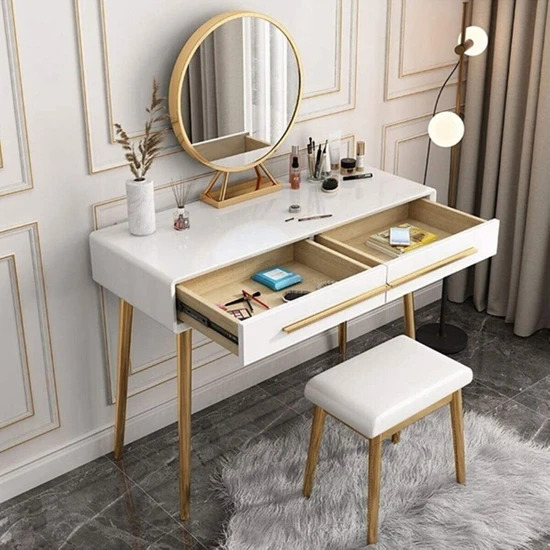 Arvell Ahşap İnci Beyaz Makyaj Masası