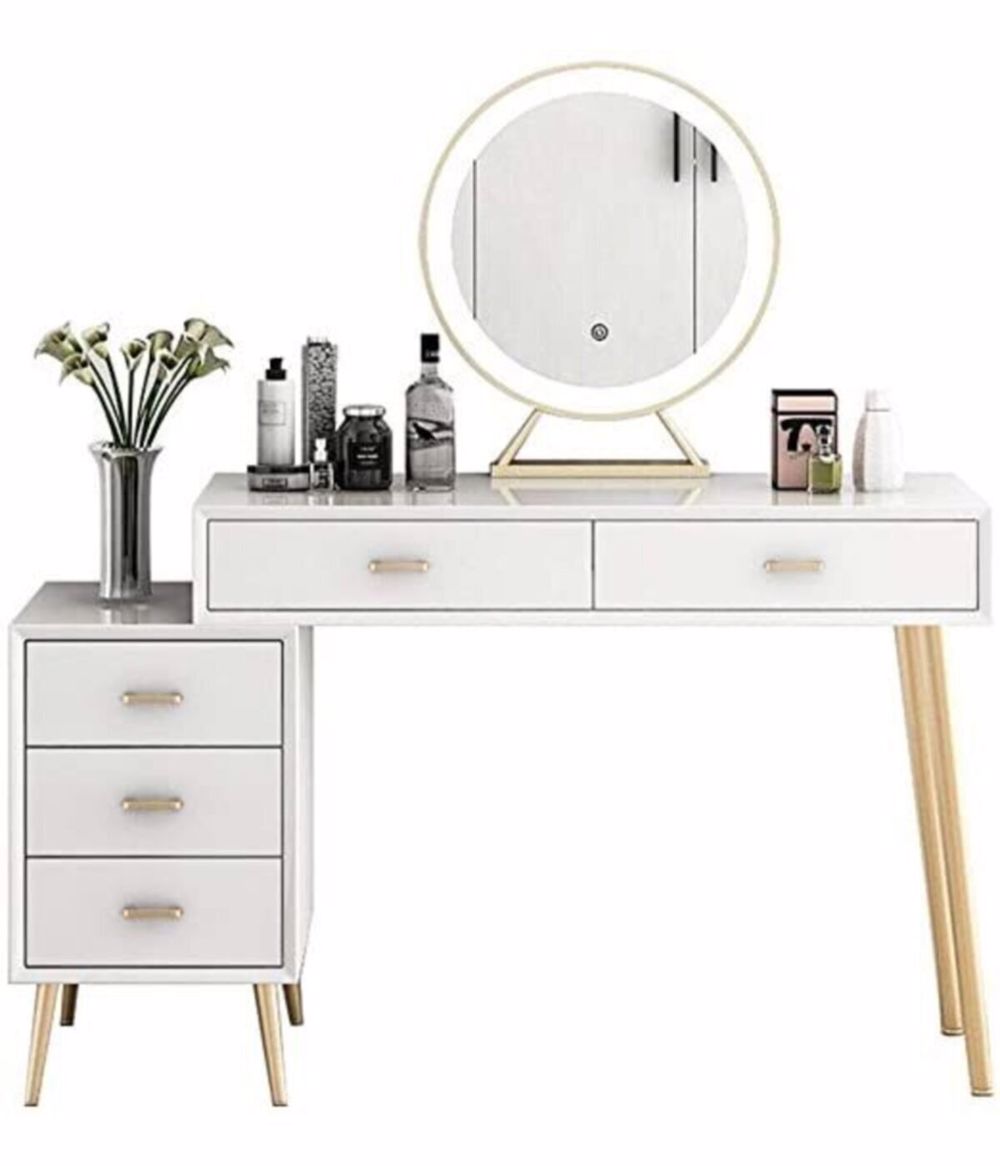 Arvell Beyaz Gold MDF Aynalı Makyaj Masası